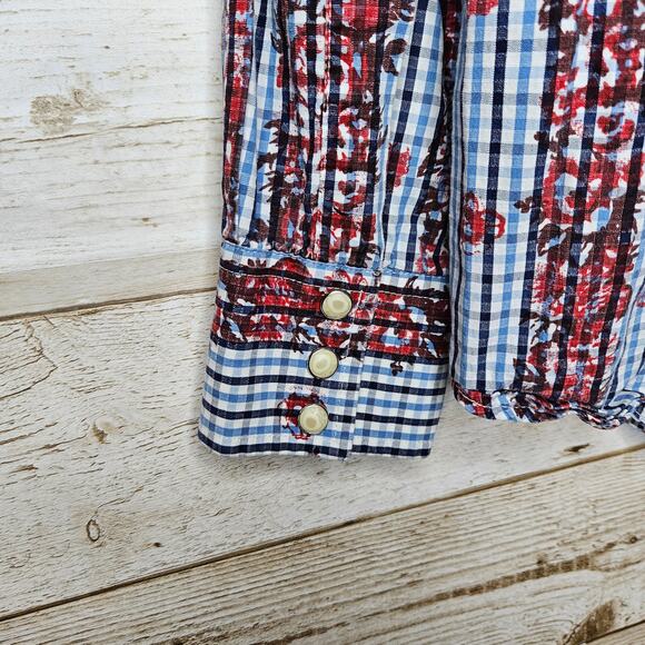 VINTAGE Wrangler Pearl Snap Western Rose Blue Long Sleeve Shirt Size XL Plaid - Picture 6 of 12